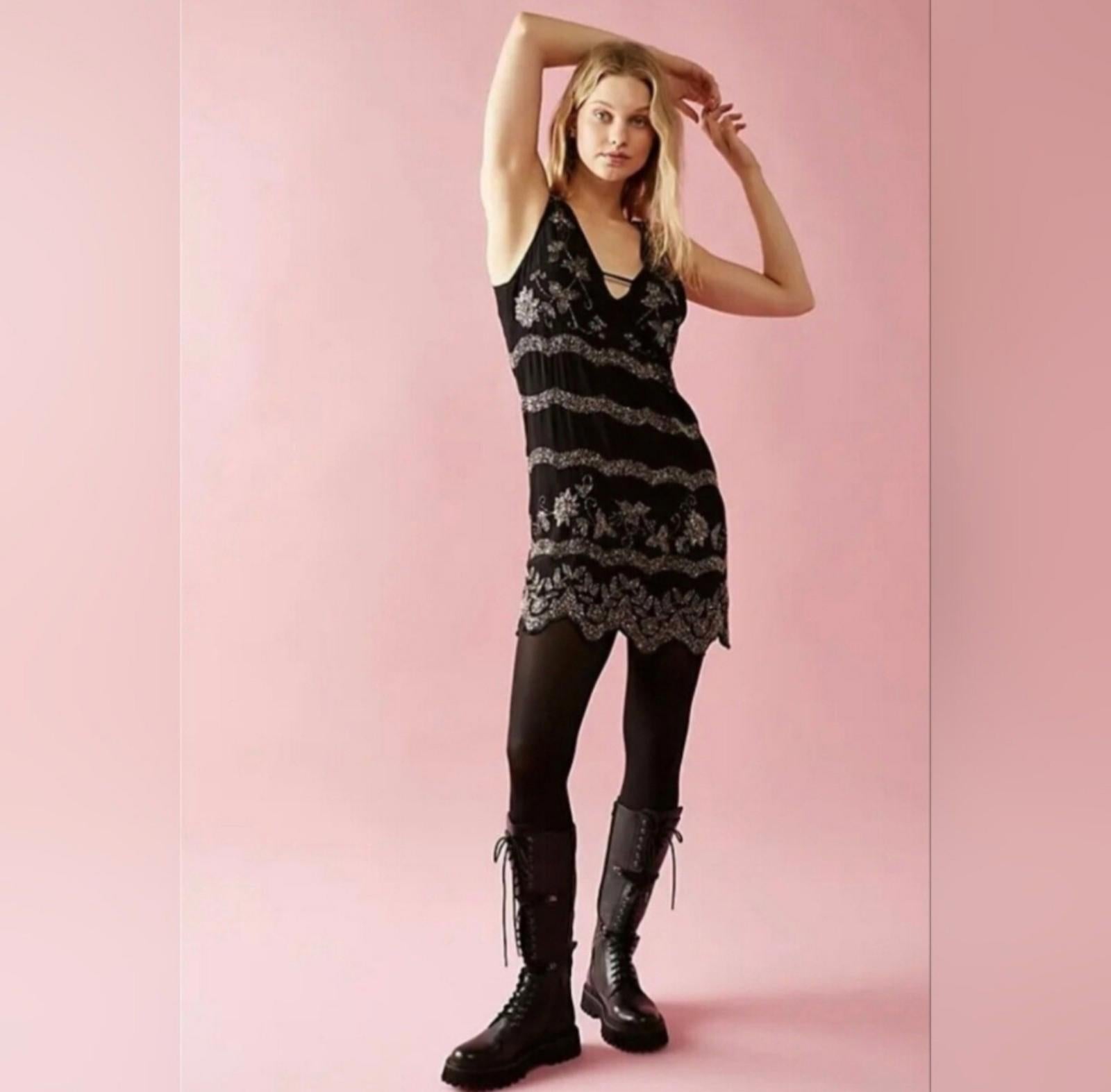 Free People Bali Mad Love Beaded Mini Dress (XL) in Black