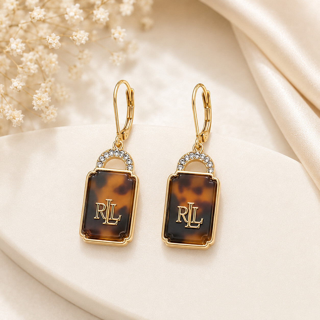Lauren Ralph Lauren Drop Earrings Gold Tone Tortoise RL Logo New
