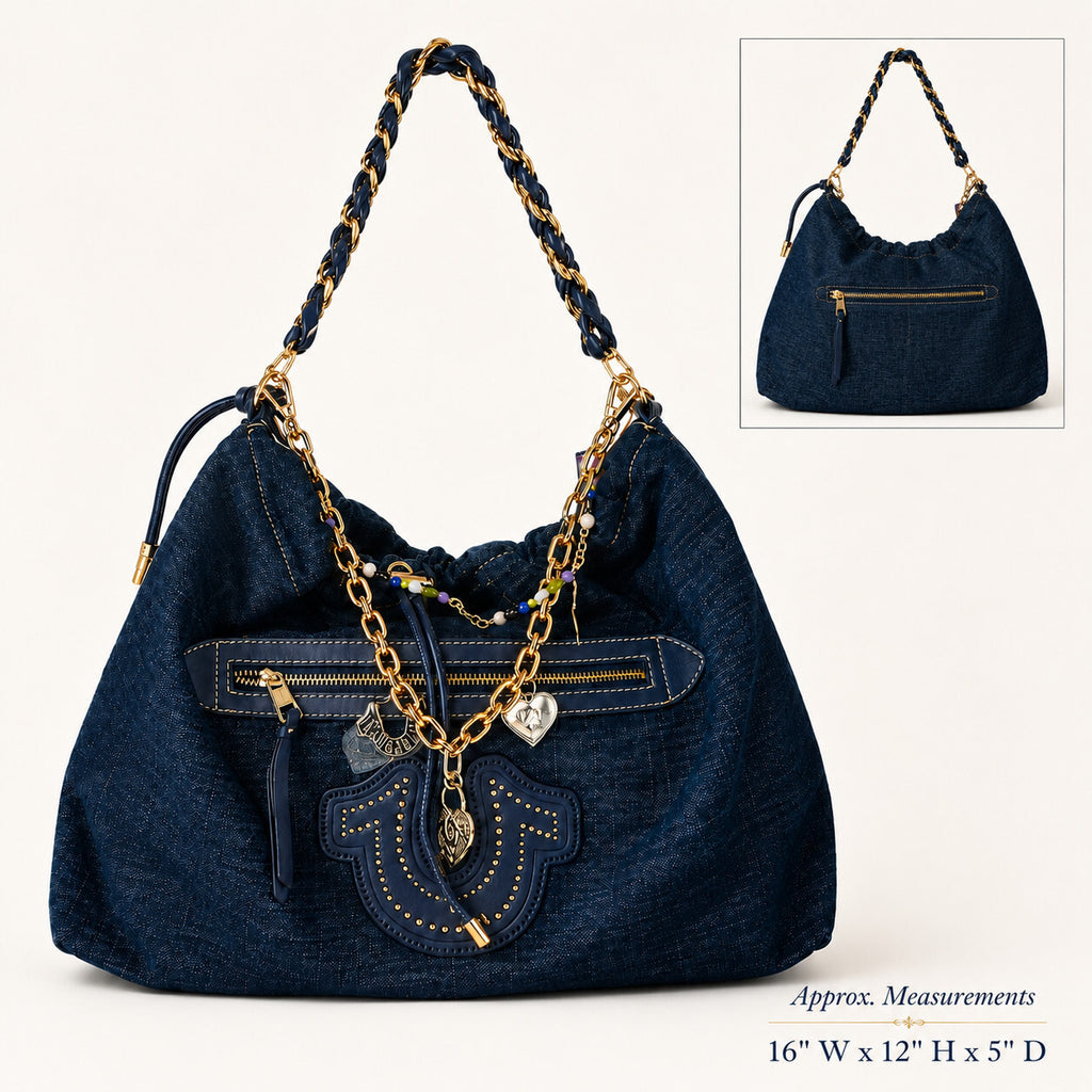 True Religion All Denim Large Hobo Bag Multi chain Strap With Charm NWT