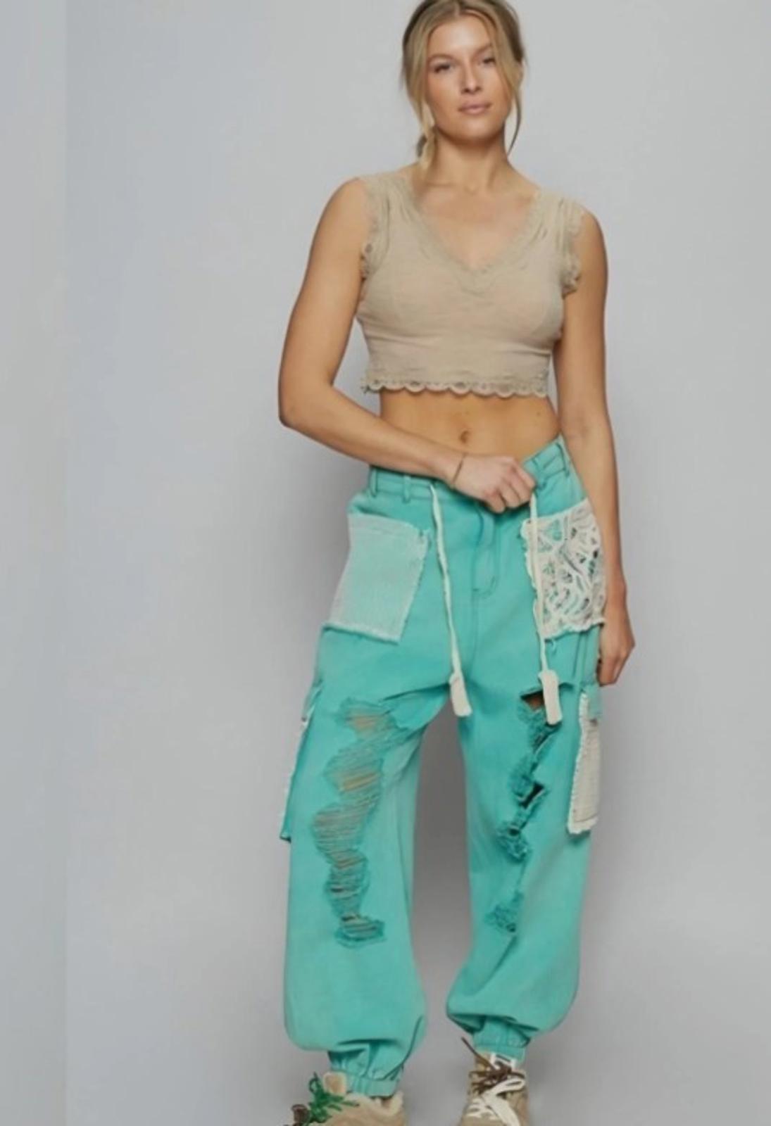 Pol Kalispell Distress Cargo Jean Jogger with Crochet Lace Several Colors Large