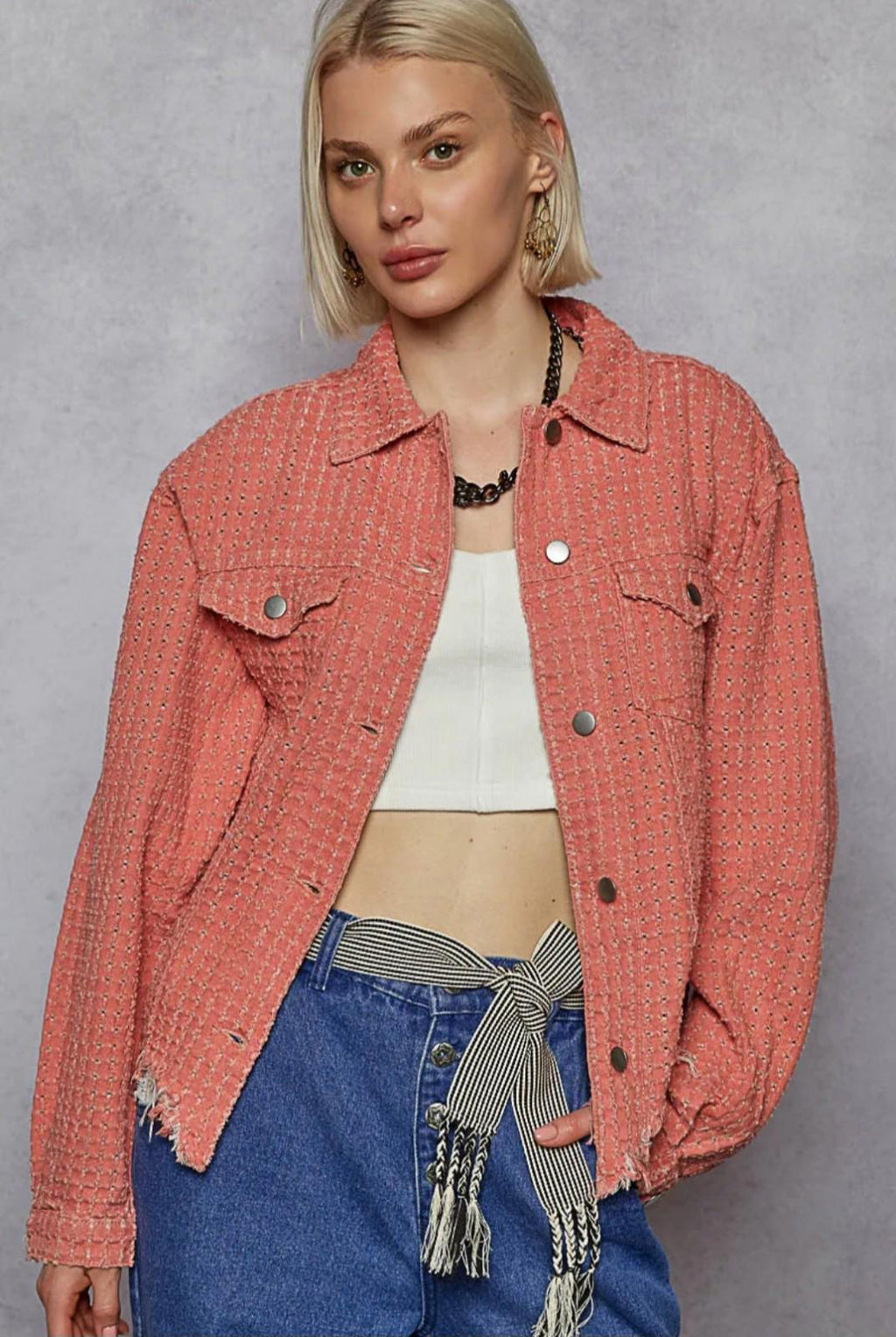 POL Raw Hem Button Up Jacket with Chest Pockets M