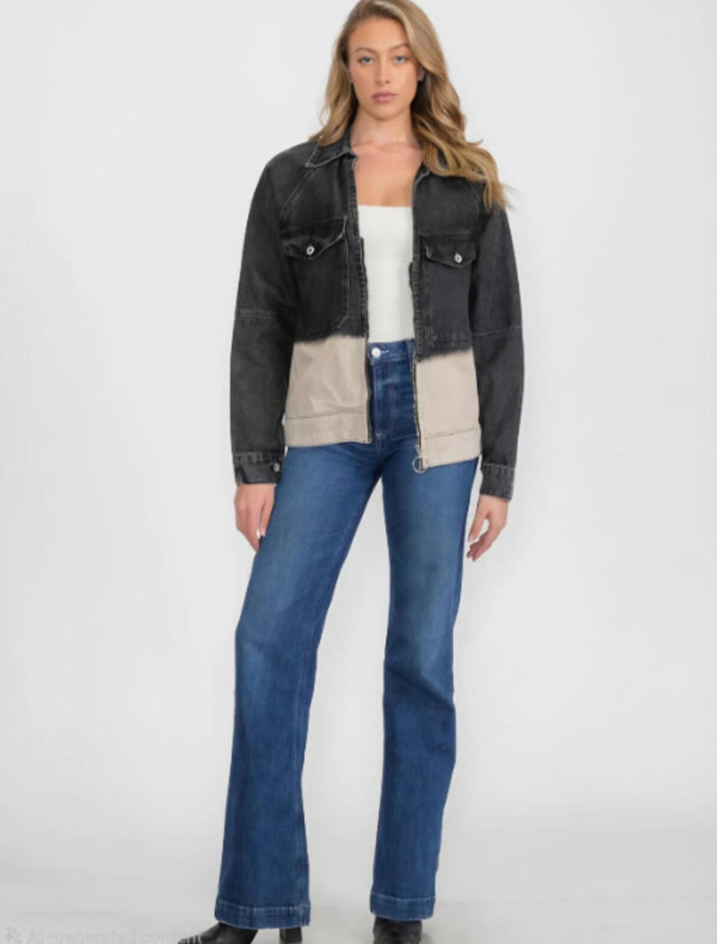 WOMEN'S LONG SLEEVE ZIP UP FRONT POCKETS GRAPHIC COLORBLOCK DENIM JACKET NWT