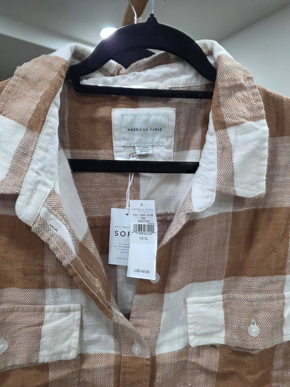 American Eagle AEO Oversized Button-up Flannel Shirt Copper Buffalo