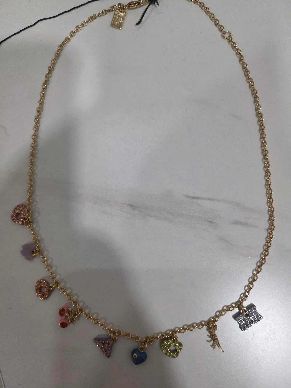 Coach Faux Stone Signature Logo Charm Bib Necklace