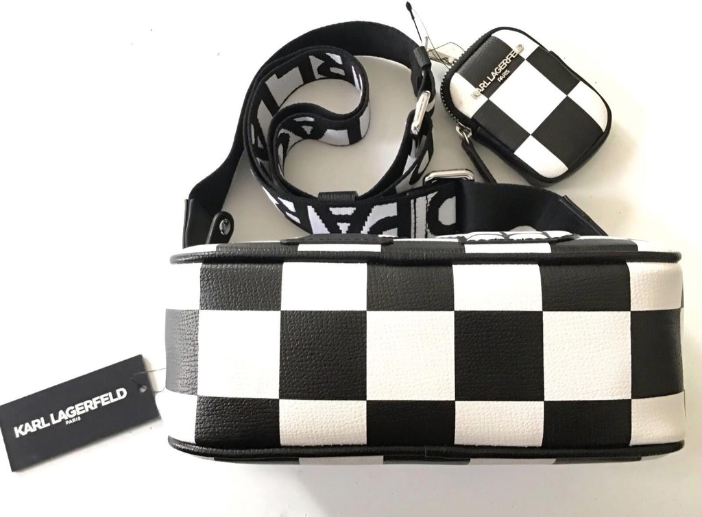 KARL LAGERFELD PARIS Maybelle Camera  Crossbody Bag Black White Check Combo NWT