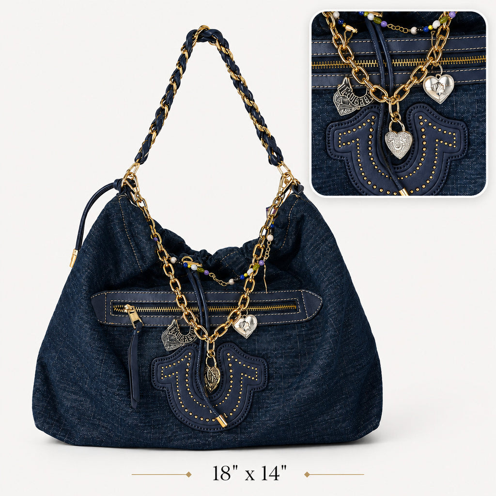 True Religion All Denim Large Hobo Bag Multi chain Strap With Charm NWT