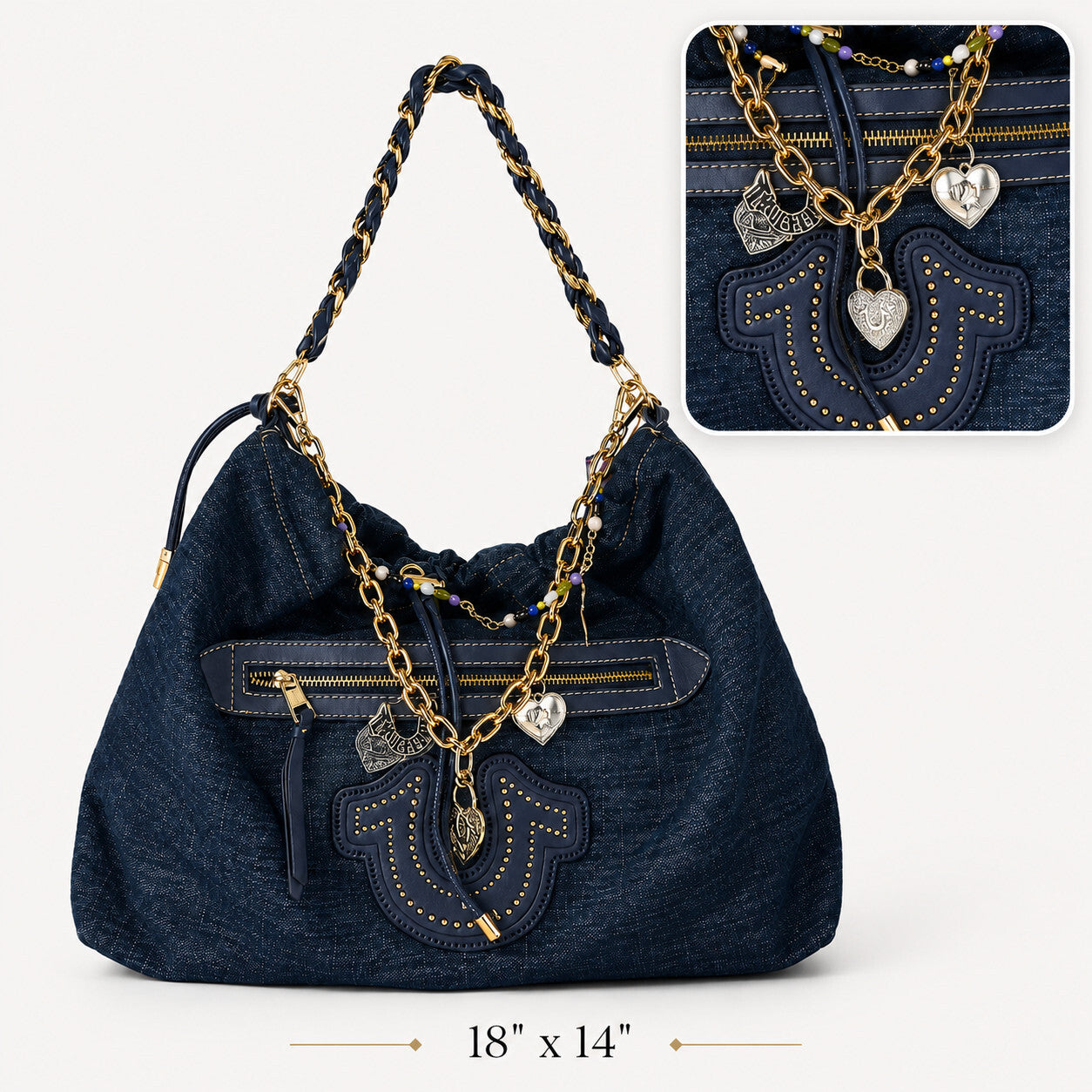 True Religion All Denim Large Hobo Bag Multi chain Strap With Charm NWT
