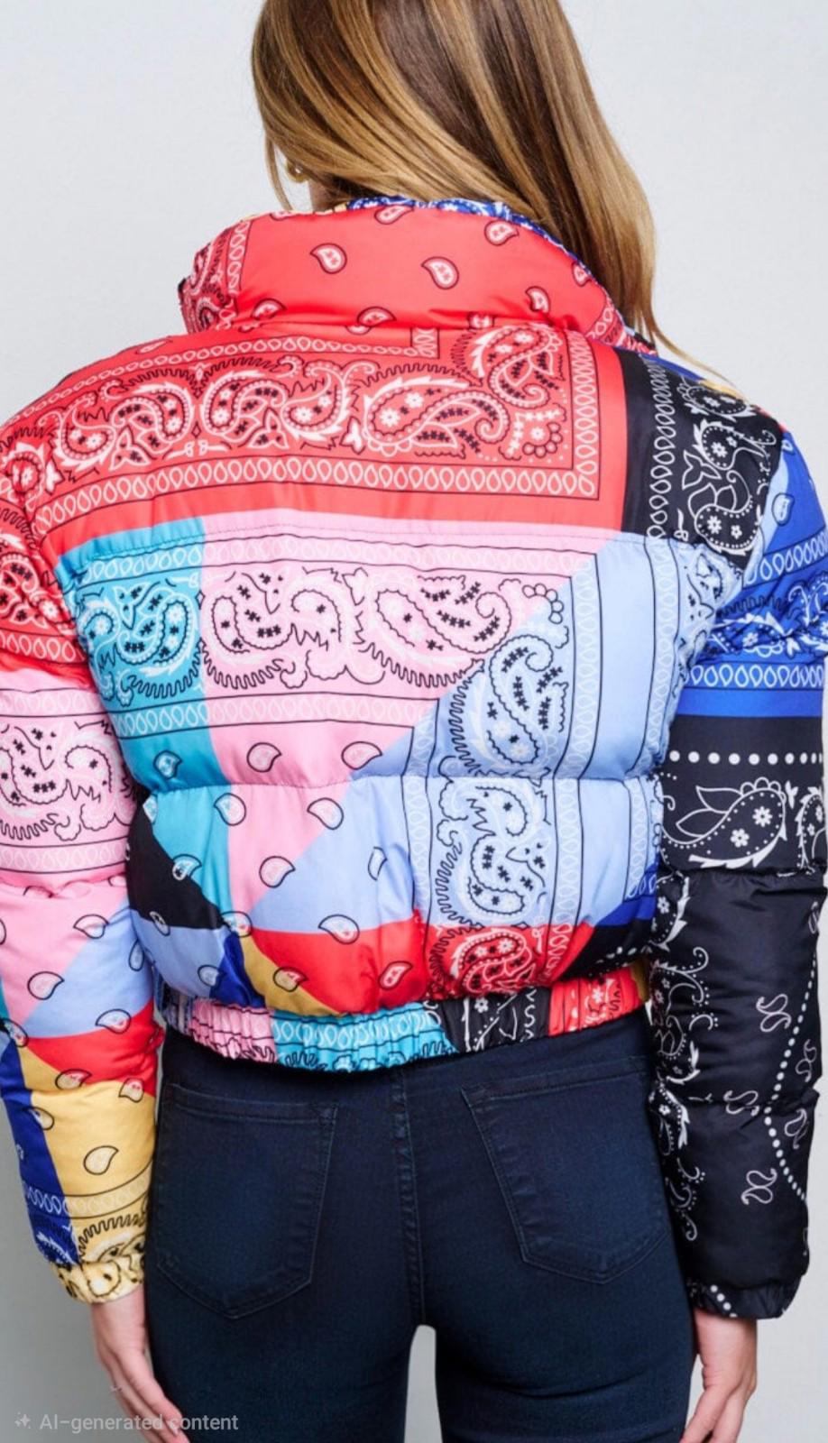 WOMEN'S LONG SLEEVE ZIP UP FRONT POCKETS PUFFER MULTI PRINT JACKET
