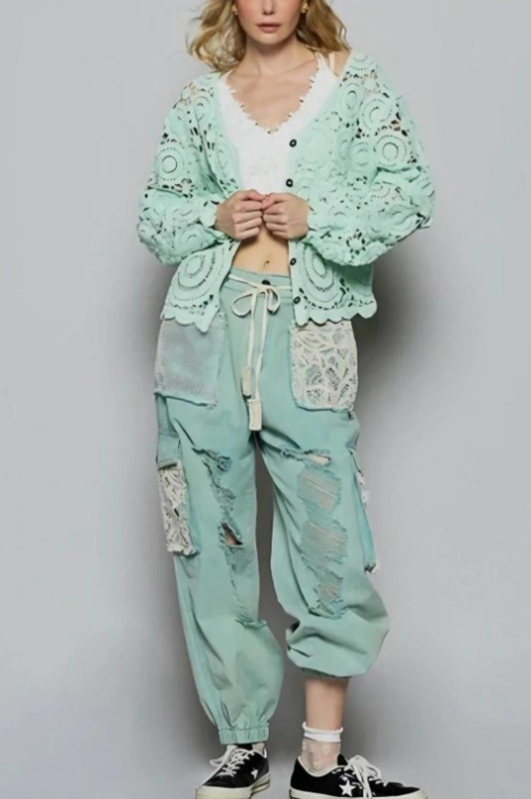Pol Kalispell Distress Cargo Jean Jogger with Crochet Lace Several Colors Large