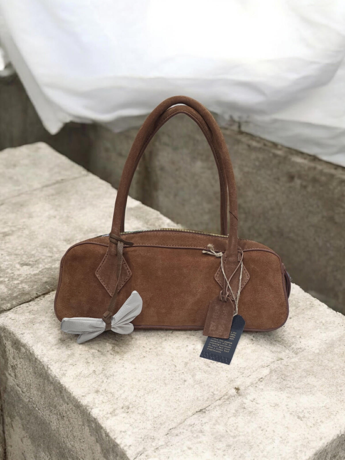 Genuine Suede East West Bag with Bow Detail
