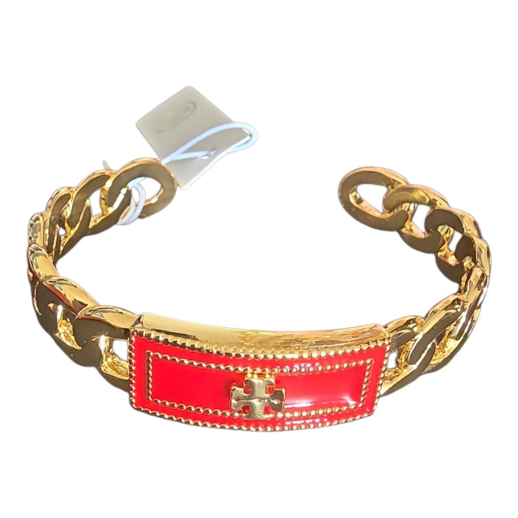 Tory Burch Milgrain Logo Red & Gold Chain Link Cuff Bangle with Tag