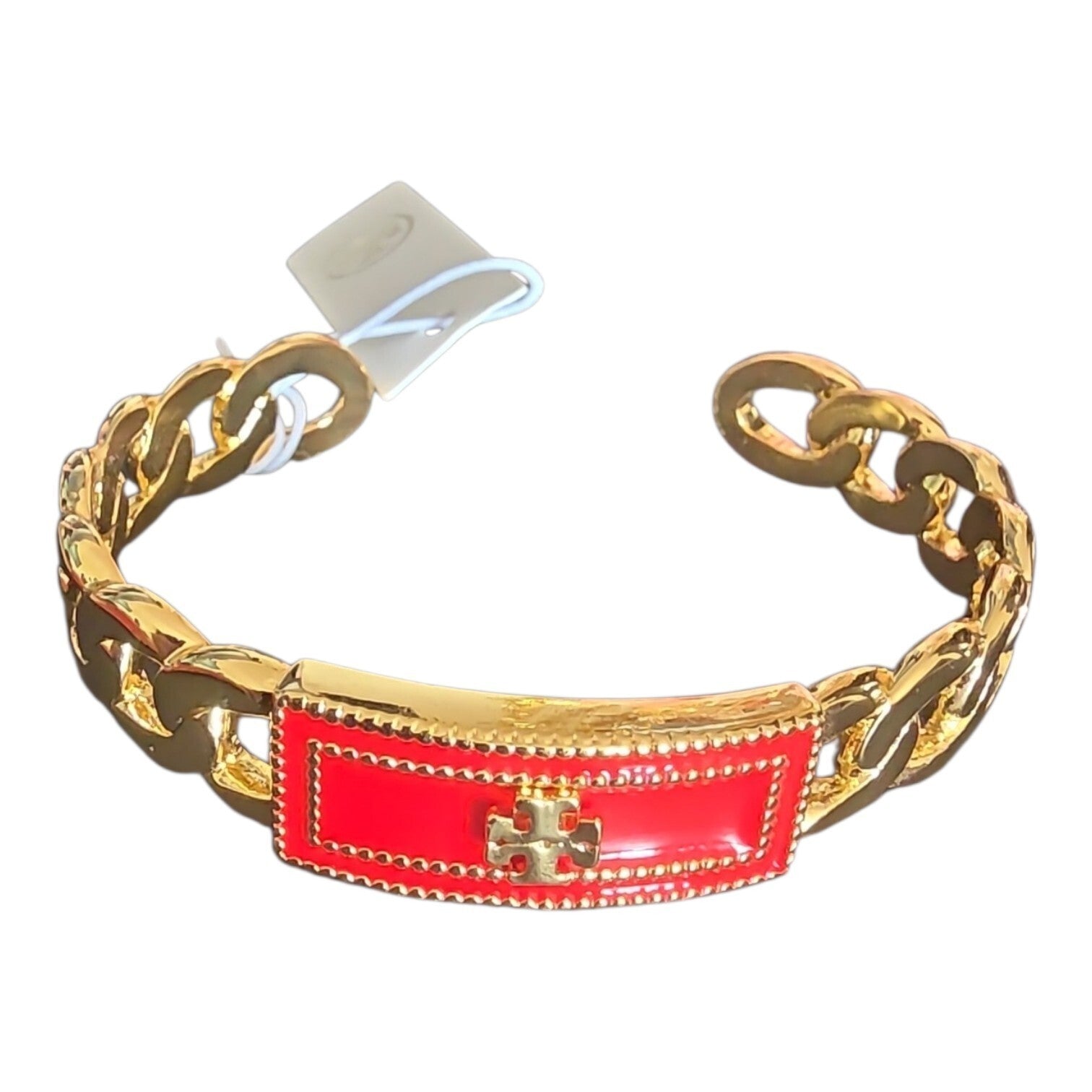 Tory Burch Milgrain Logo Red & Gold Chain Link Cuff Bangle with Tag