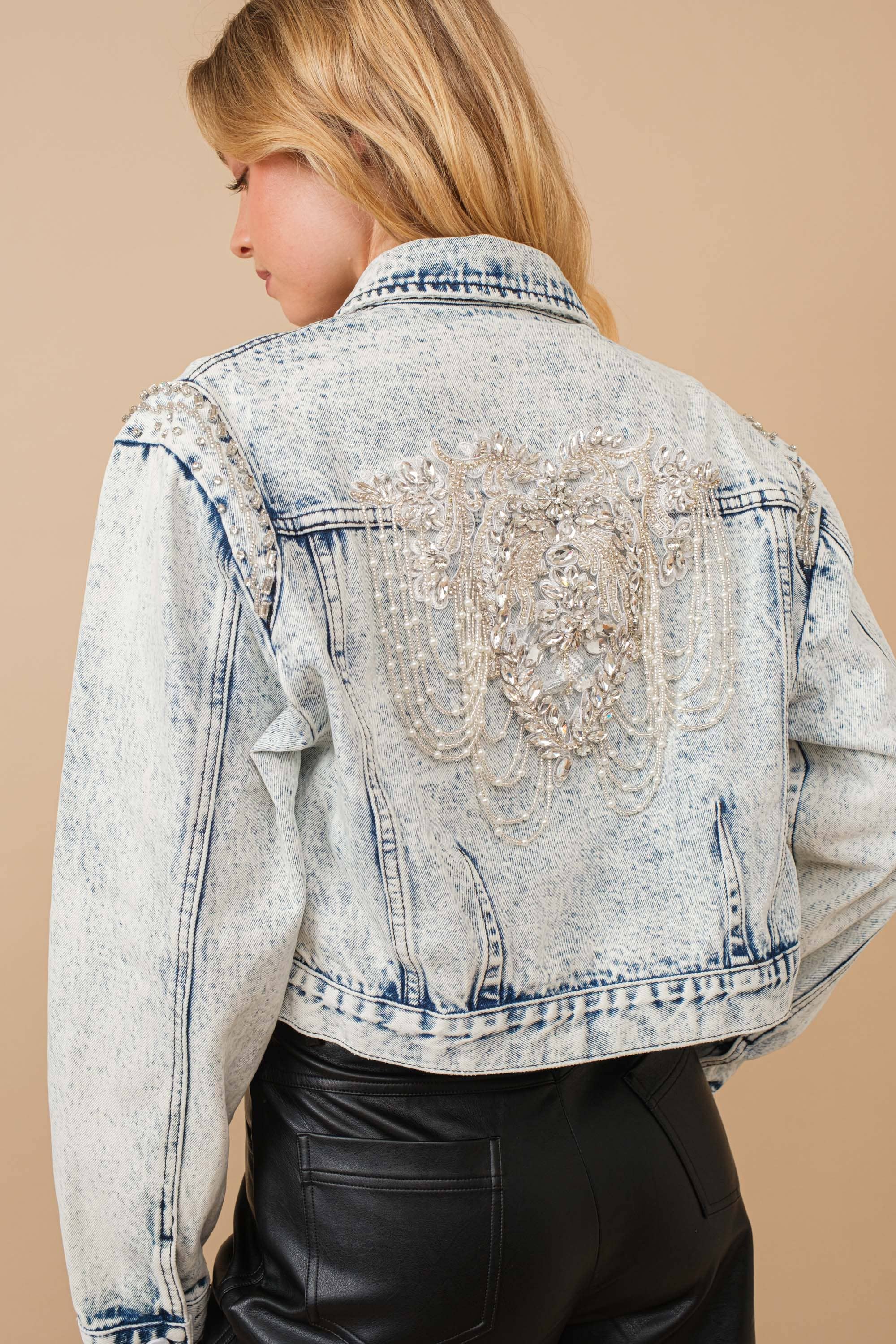 80037J - Acid Washed Shoulder Beading Denim Jacket