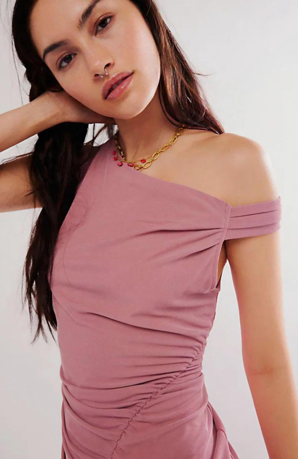 Free People Madeline Ash Rose Ruched Off the Shoulder Mini Dress Medium NEW