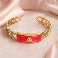 Tory Burch Milgrain Logo Red & Gold Chain Link Cuff Bangle with Tag