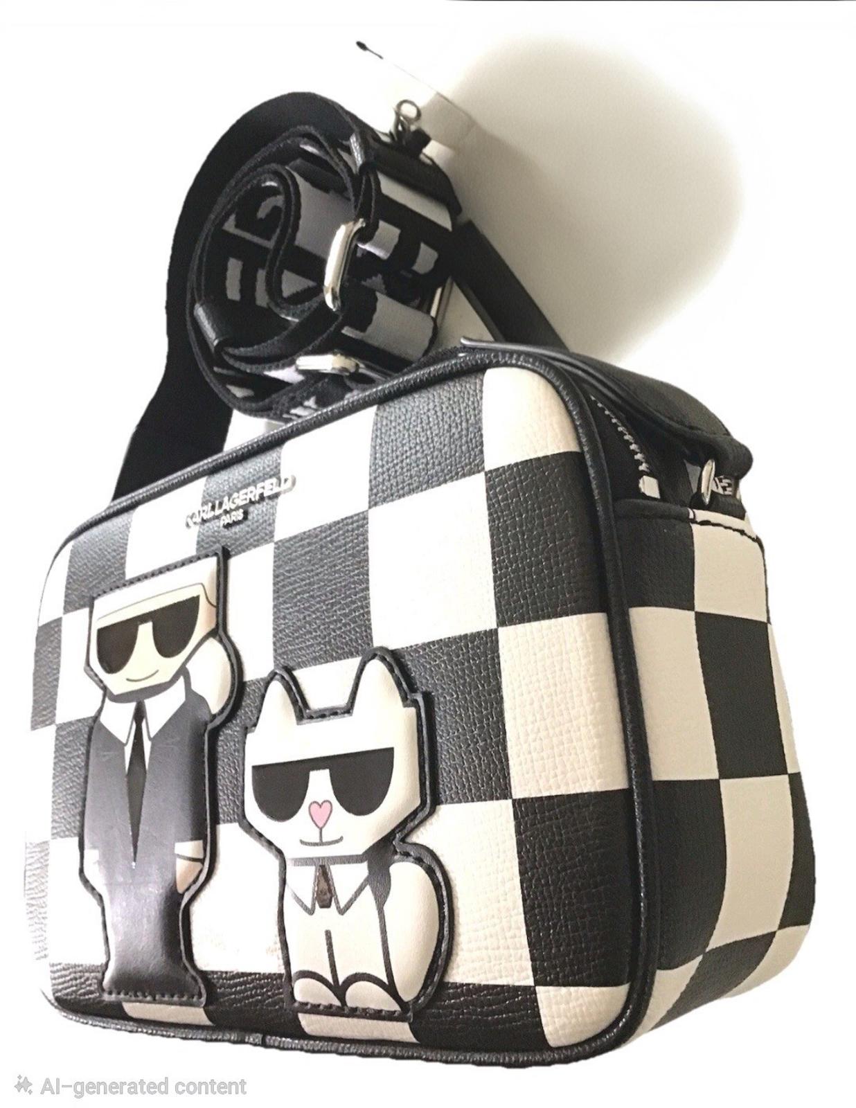 KARL LAGERFELD PARIS Maybelle Camera  Crossbody Bag Black White Check Combo NWT