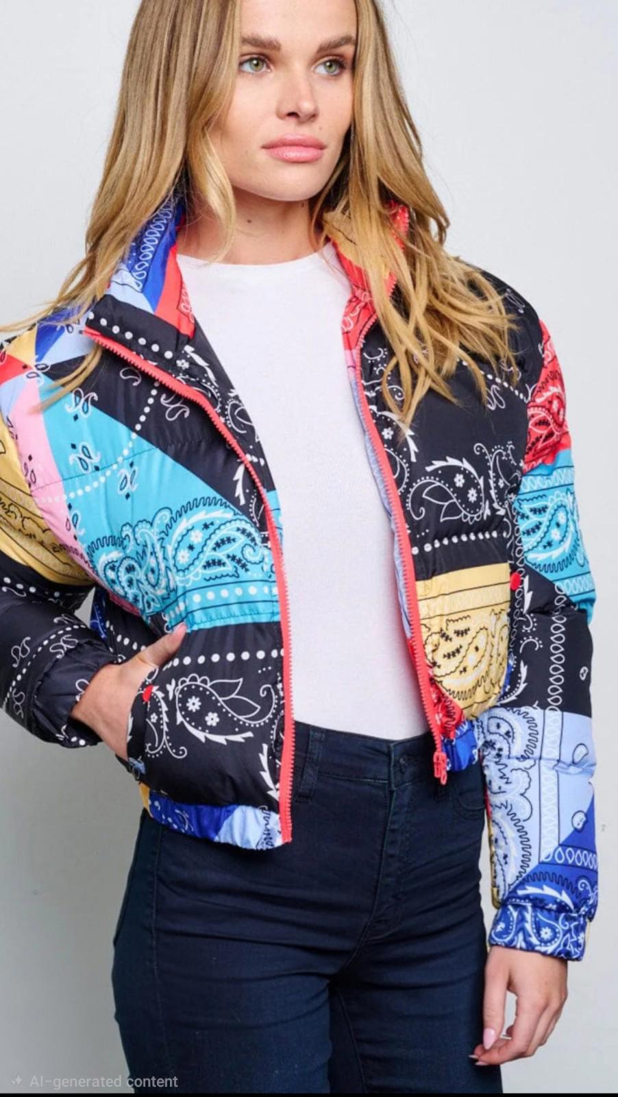 WOMEN'S LONG SLEEVE ZIP UP FRONT POCKETS PUFFER MULTI PRINT JACKET