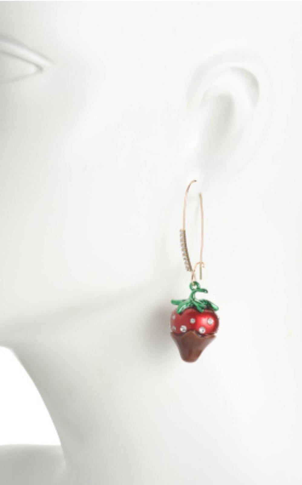 Betsey Johnson Chocolate Dipped Red Strawberry Drop Earrings Crystal Accents NWT