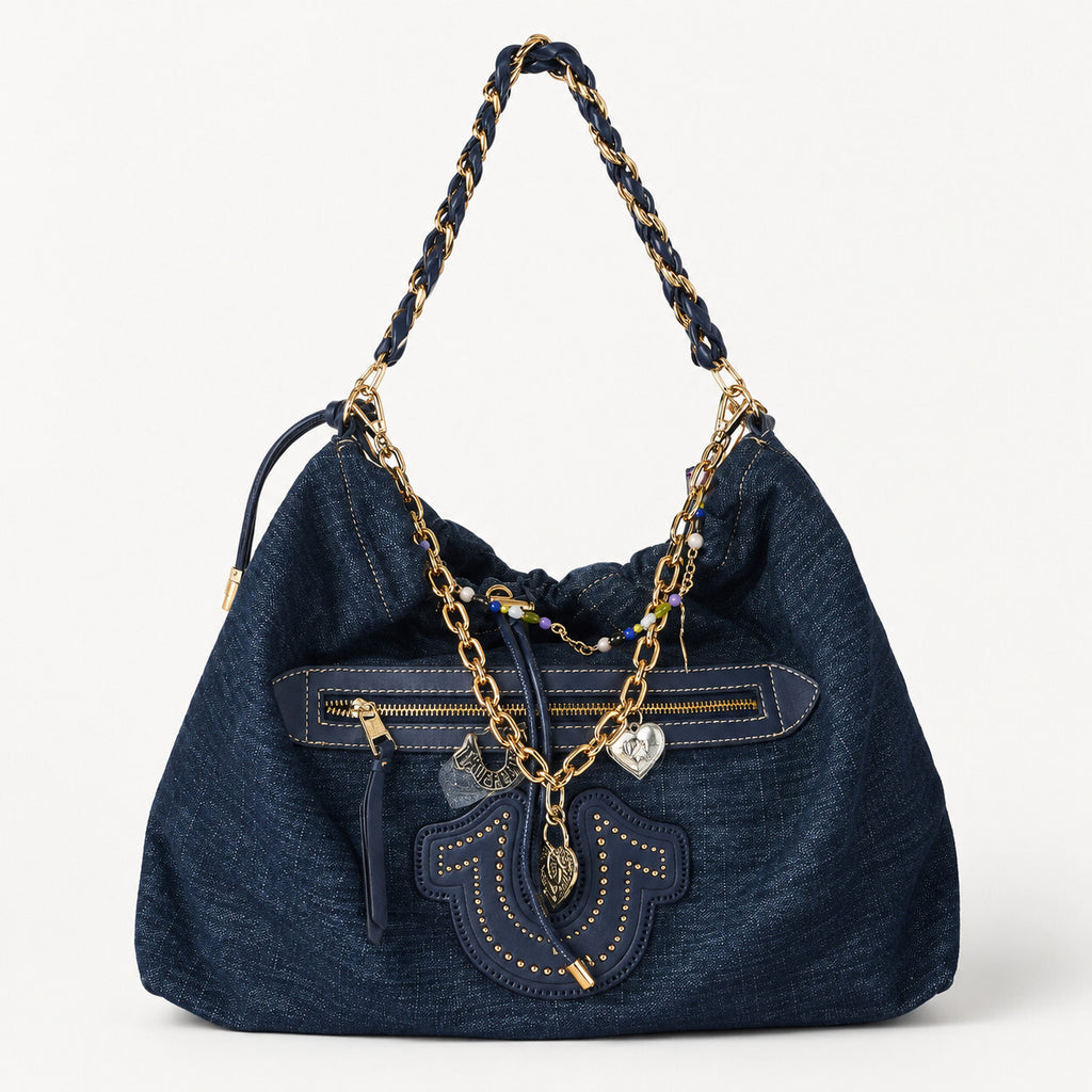 True Religion All Denim Large Hobo Bag Multi chain Strap With Charm NWT