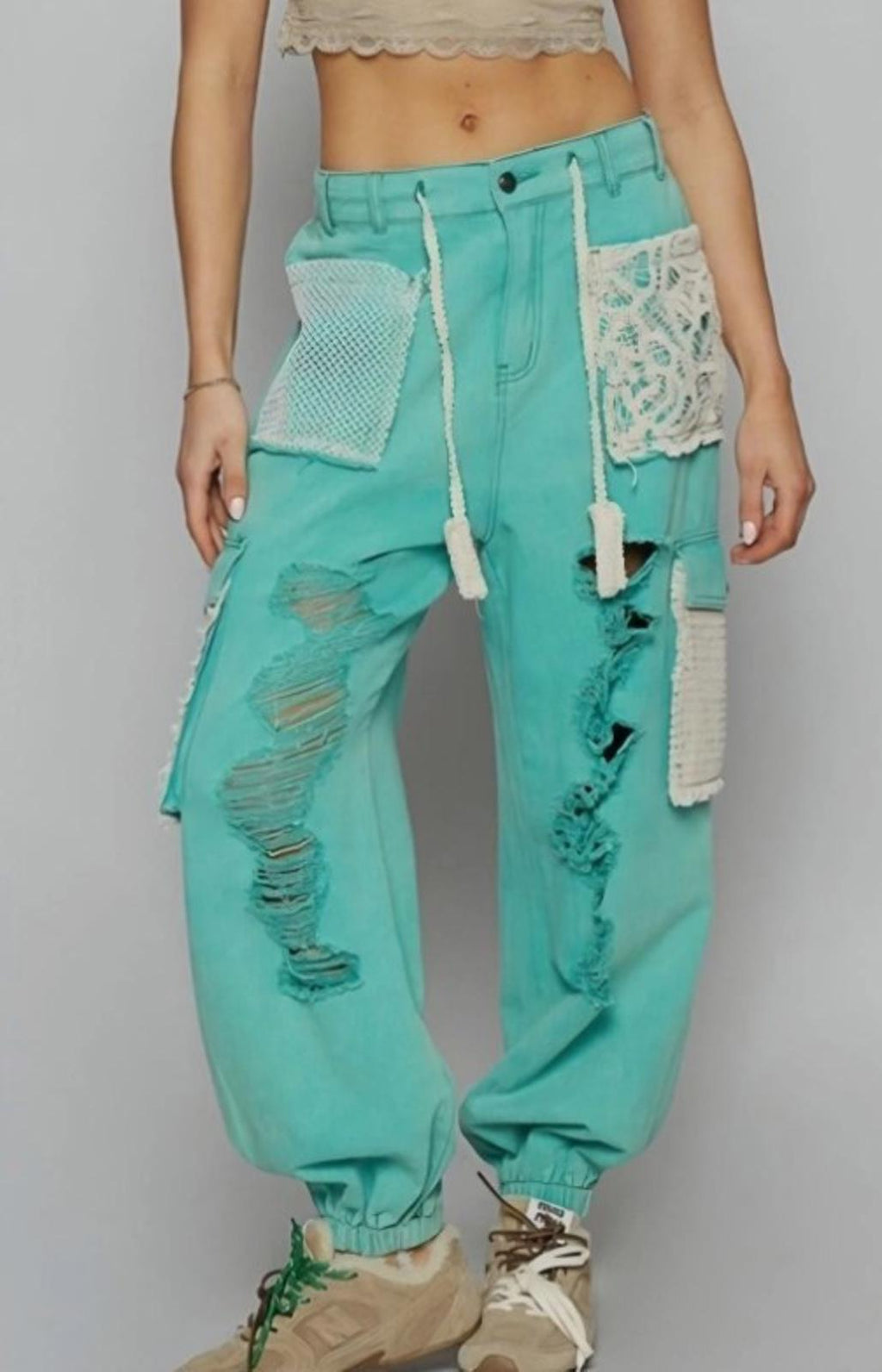 Pol Kalispell Distress Cargo Jean Jogger with Crochet Lace Several Colors Large