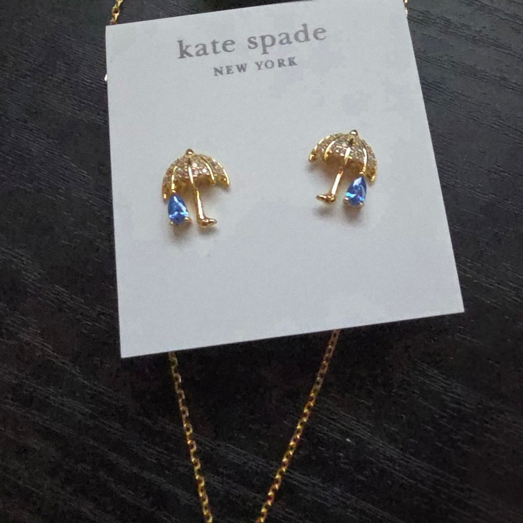 Kate Spade Rain Or Shine Pave Stone Gold Umbrella Earrings And Necklace
