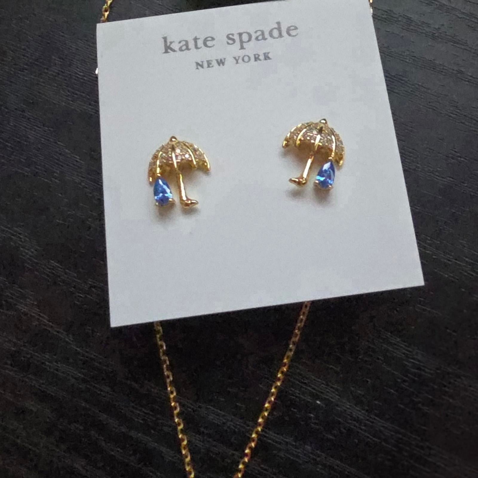 Kate Spade Rain Or Shine Pave Stone Gold Umbrella Earrings And Necklace