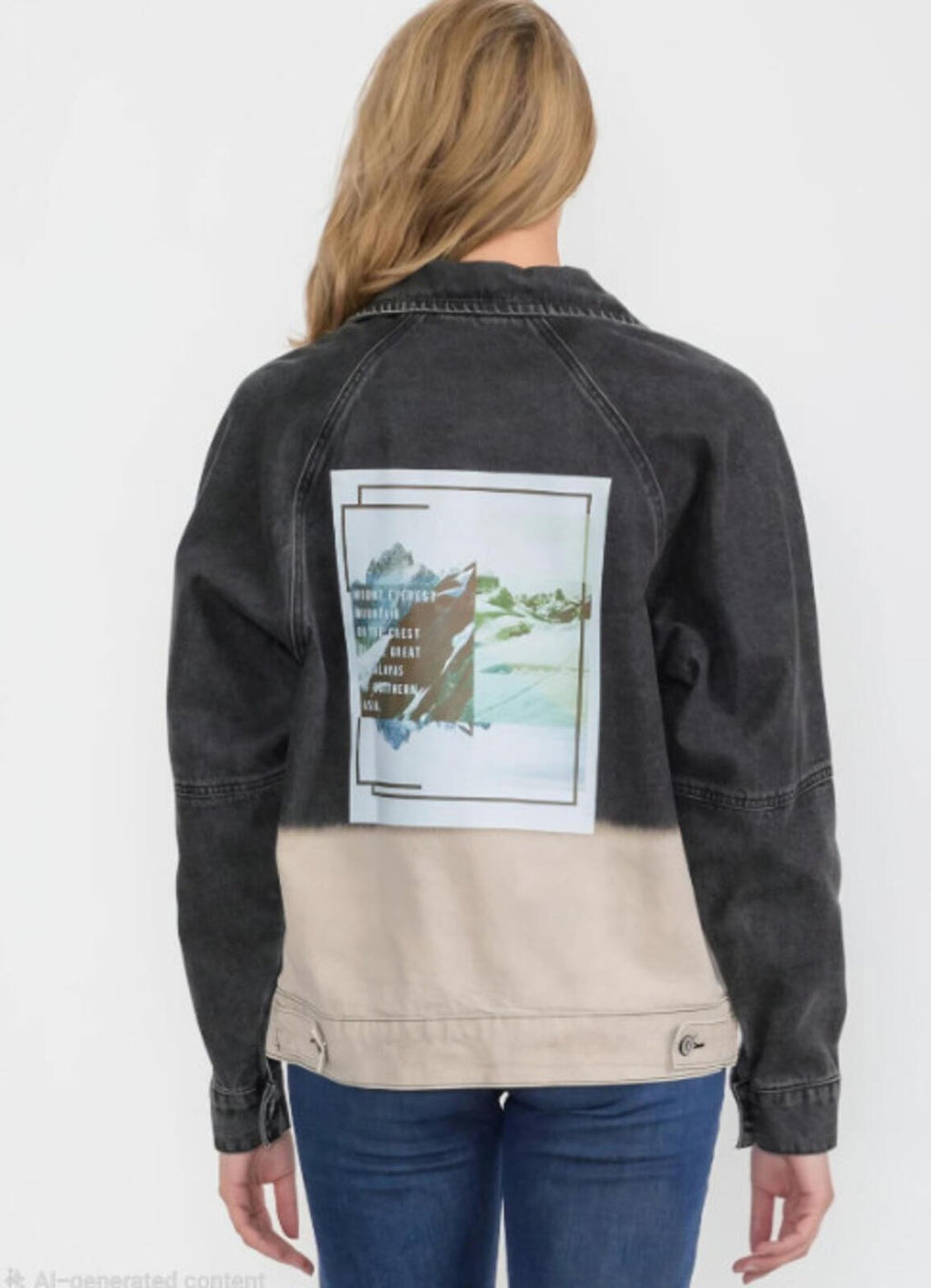 WOMEN'S LONG SLEEVE ZIP UP FRONT POCKETS GRAPHIC COLORBLOCK DENIM JACKET NWT