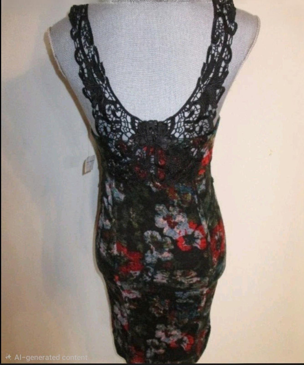 NWT Free People Whimsigoth Blurred Floral Applique Lace Bodycon Dress in Black S