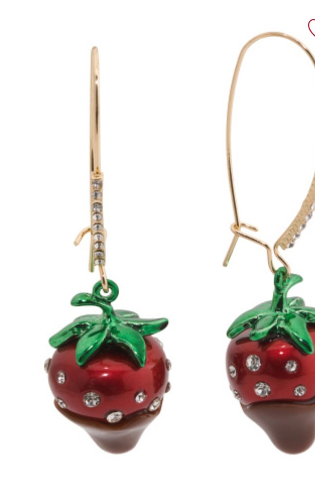 Betsey Johnson Chocolate Dipped Red Strawberry Drop Earrings Crystal Accents NWT