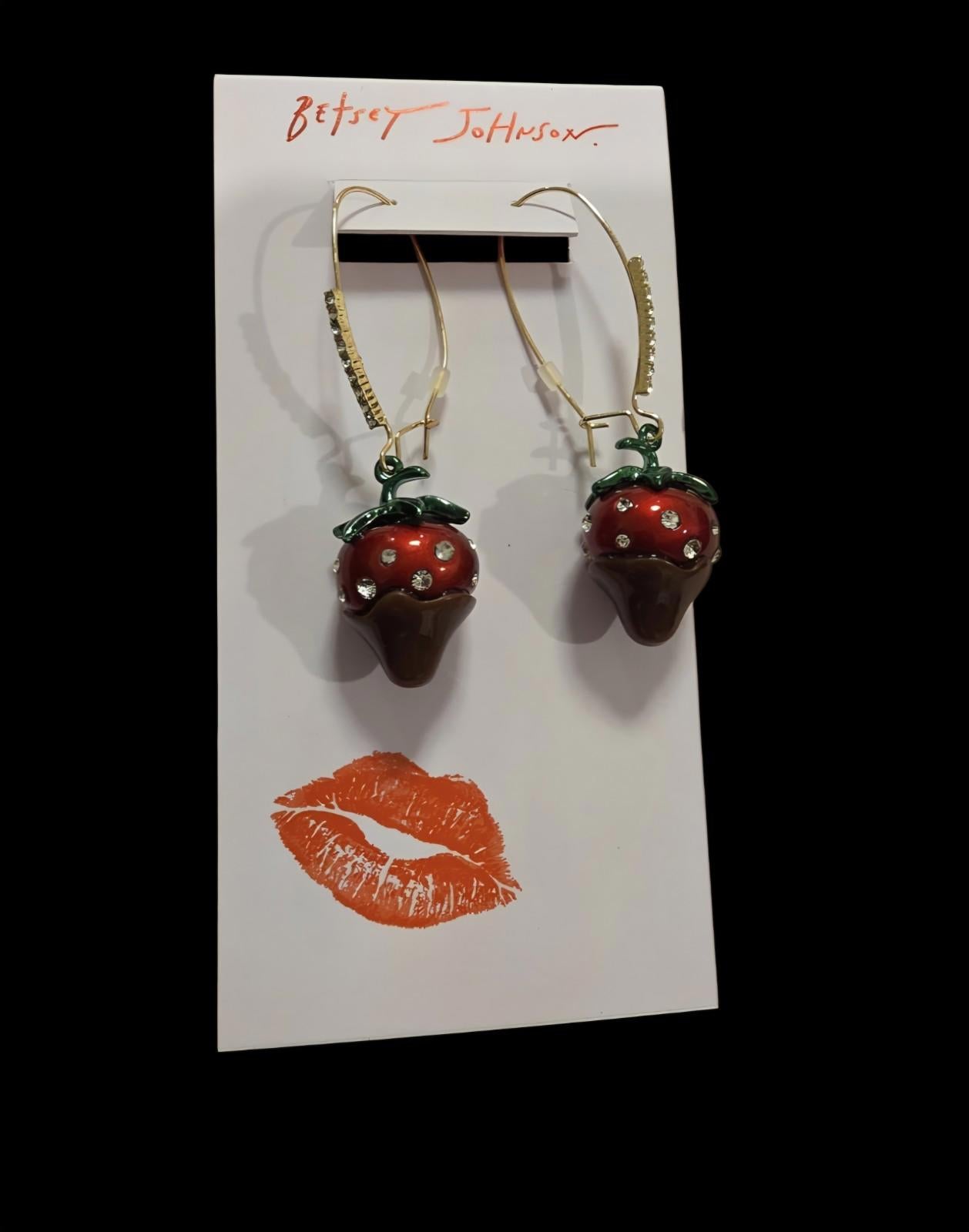 Betsey Johnson Chocolate Dipped Red Strawberry Drop Earrings Crystal Accents NWT