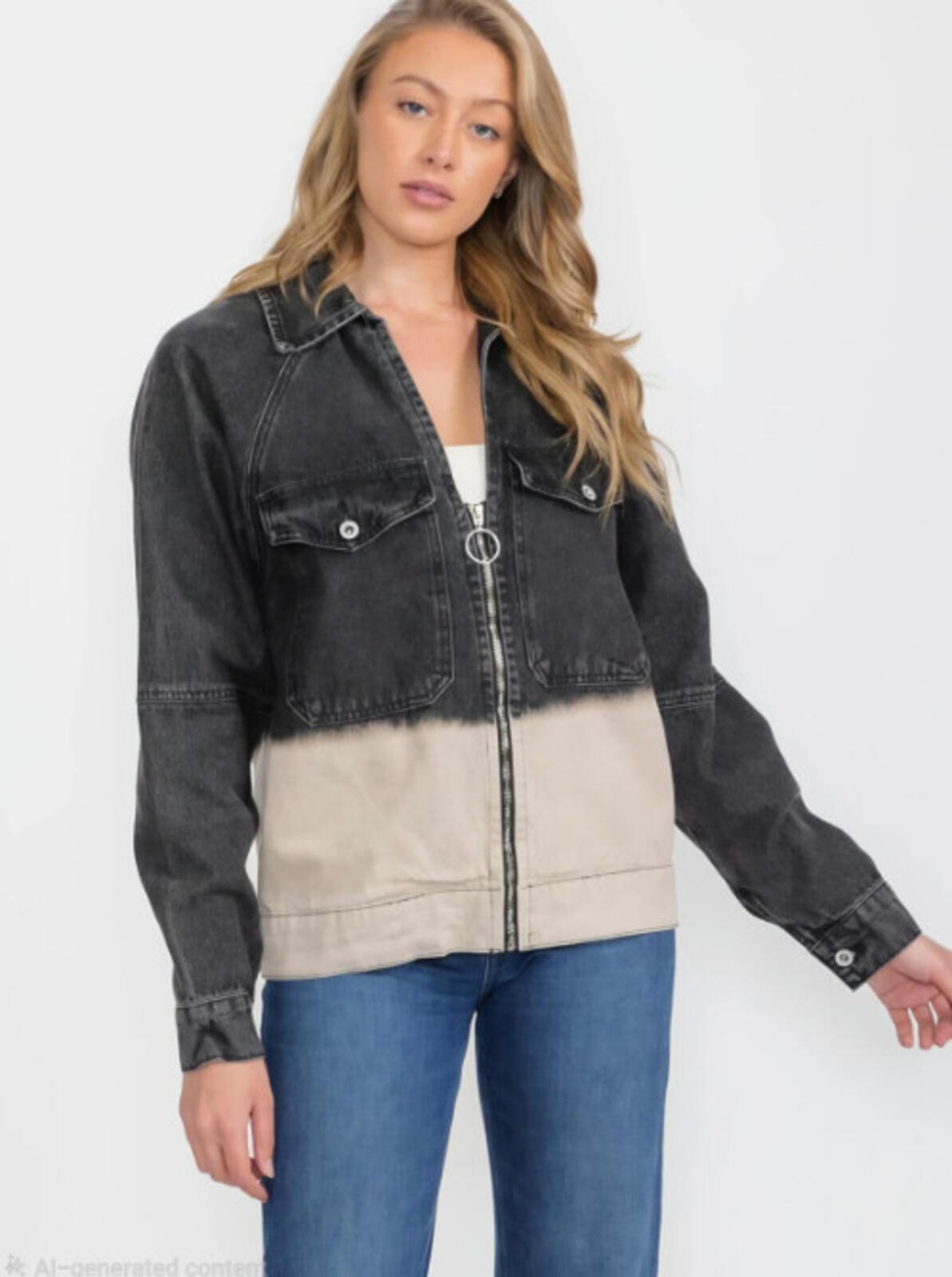 WOMEN'S LONG SLEEVE ZIP UP FRONT POCKETS GRAPHIC COLORBLOCK DENIM JACKET NWT