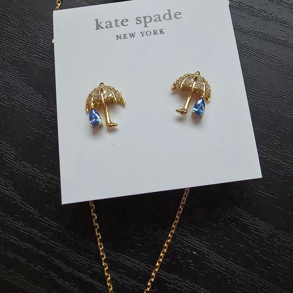 Kate Spade Rain Or Shine Pave Stone Gold Umbrella Earrings And Necklace