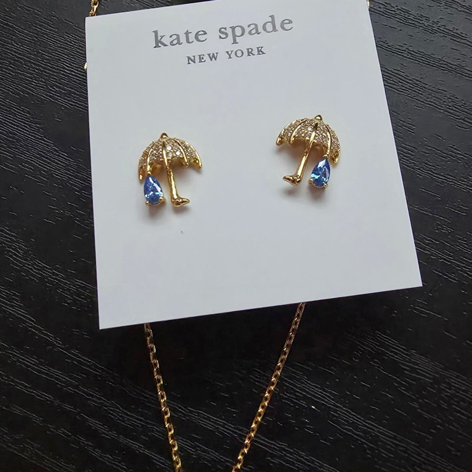 Kate Spade Rain Or Shine Pave Stone Gold Umbrella Earrings And Necklace