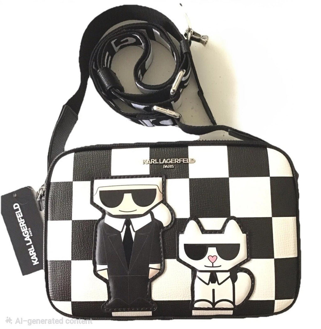 KARL LAGERFELD PARIS Maybelle Camera  Crossbody Bag Black White Check Combo NWT