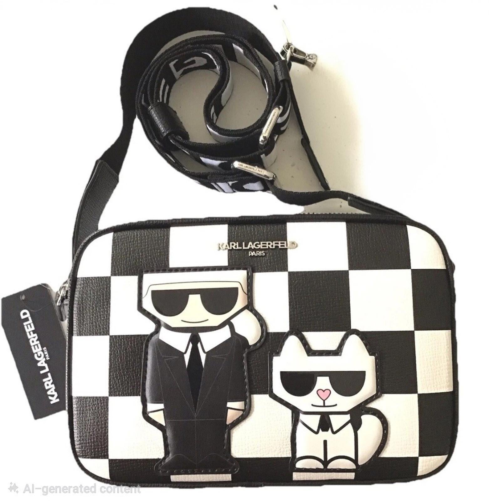 KARL LAGERFELD PARIS Maybelle Camera  Crossbody Bag Black White Check Combo NWT