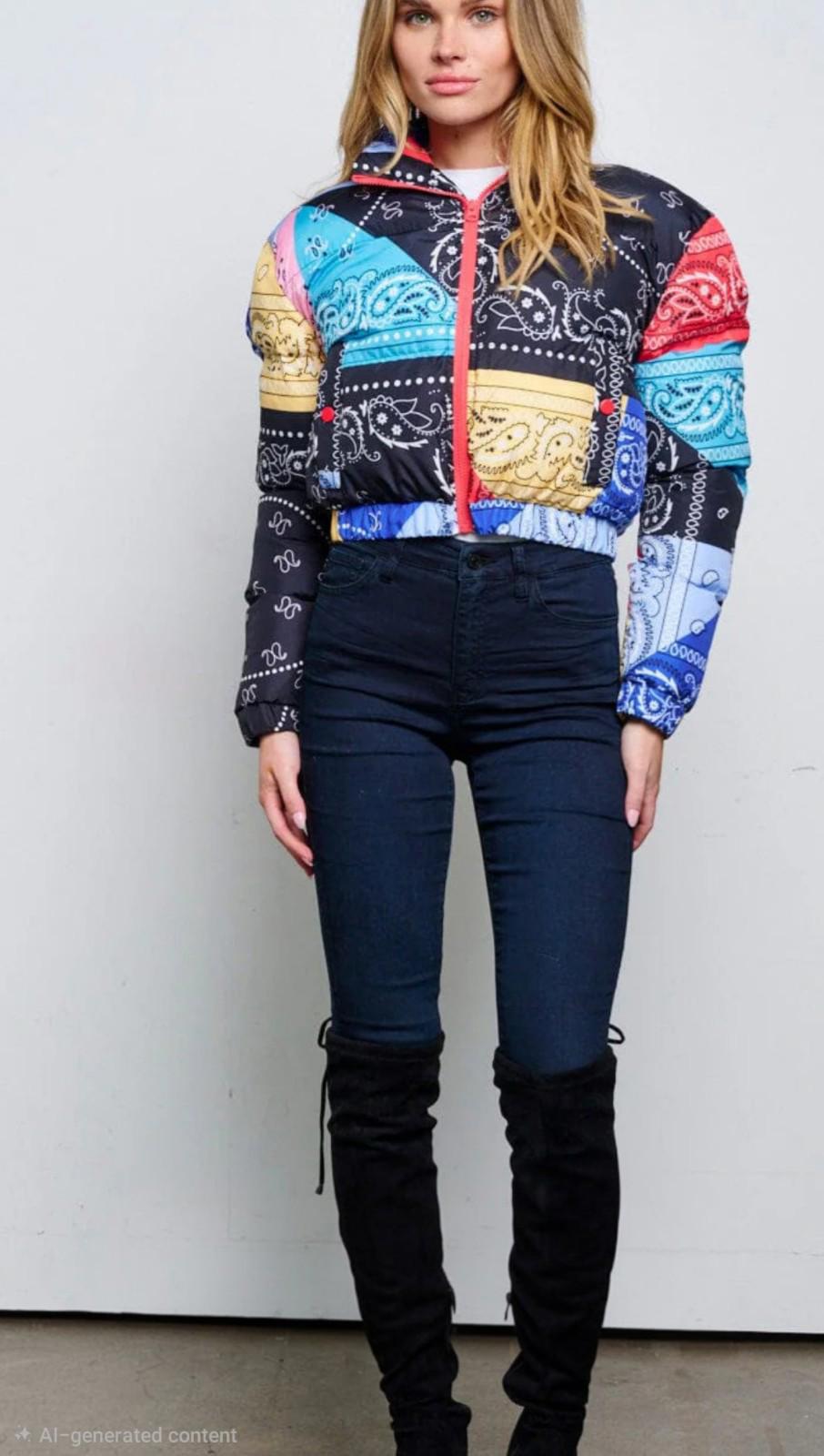 WOMEN'S LONG SLEEVE ZIP UP FRONT POCKETS PUFFER MULTI PRINT JACKET