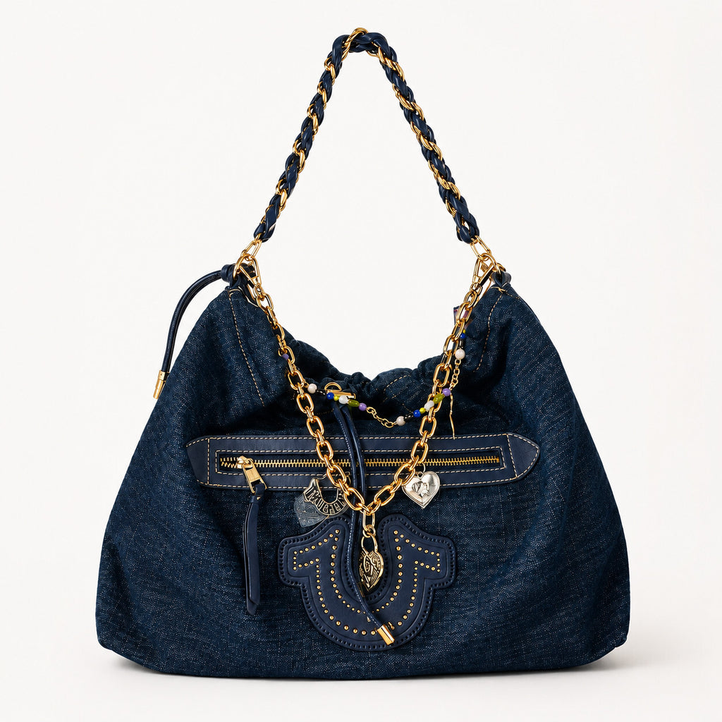 True Religion All Denim Large Hobo Bag Multi chain Strap With Charm NWT