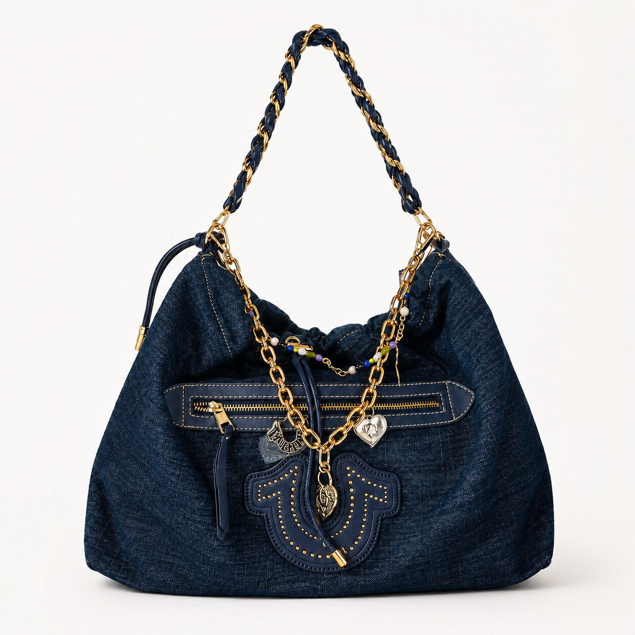 True Religion All Denim Large Hobo Bag Multi chain Strap With Charm NWT