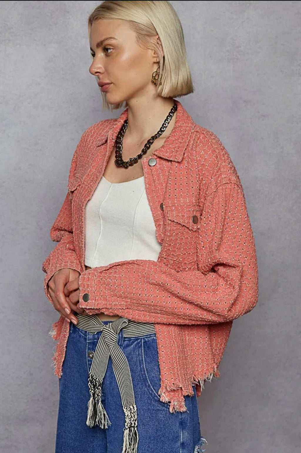 POL Raw Hem Button Up Jacket with Chest Pockets M