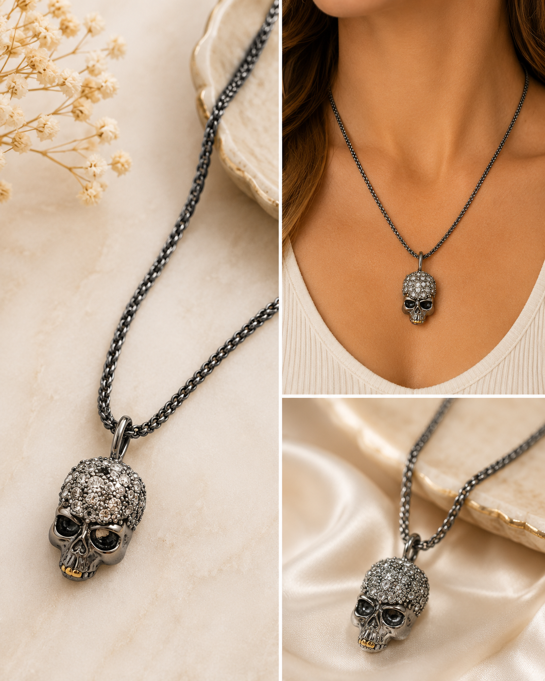 Alexis Bittar Gunmetal Skull Crystal Pave Pendant Necklace