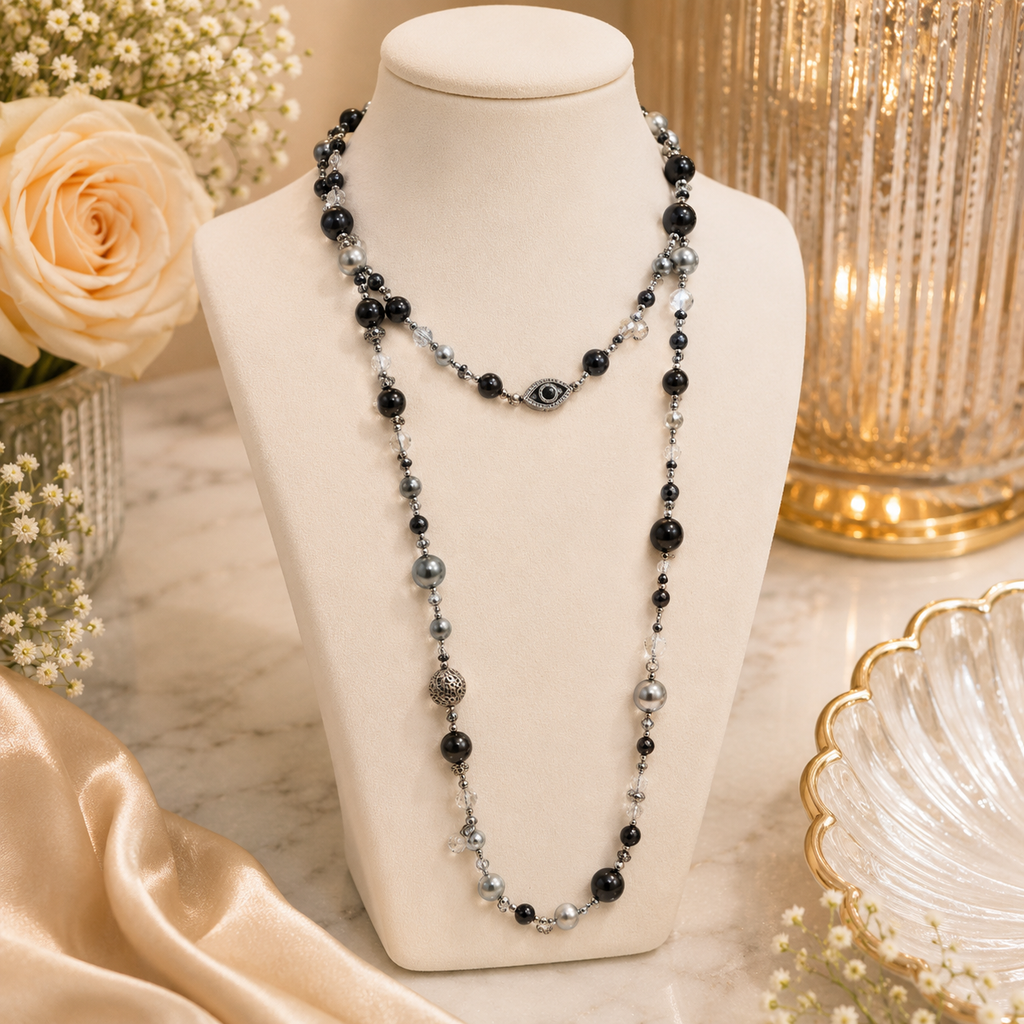 Kurt Geiger Long Pearl Gunmetal Necklace