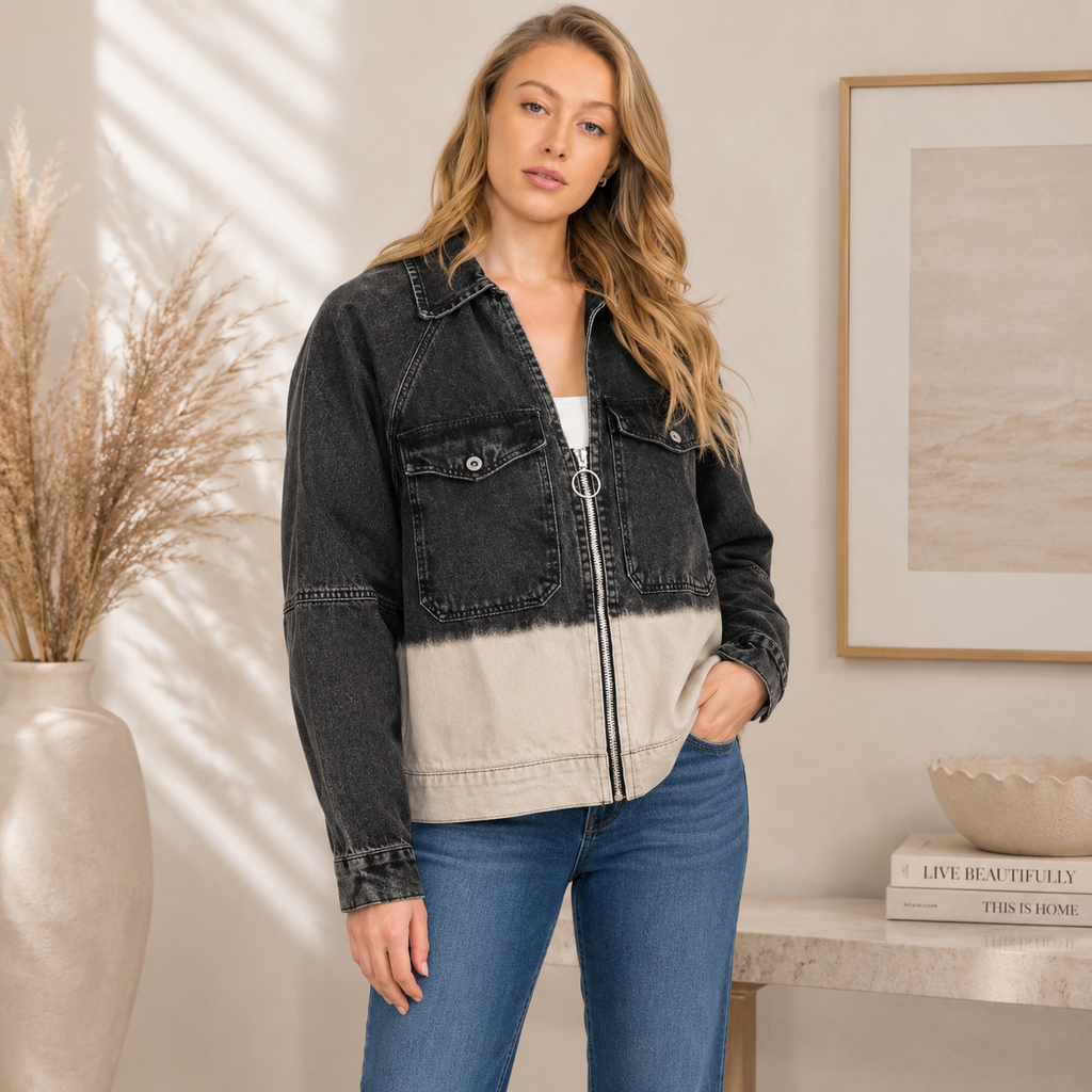 WOMEN'S LONG SLEEVE ZIP UP FRONT POCKETS GRAPHIC COLORBLOCK DENIM JACKET NWT