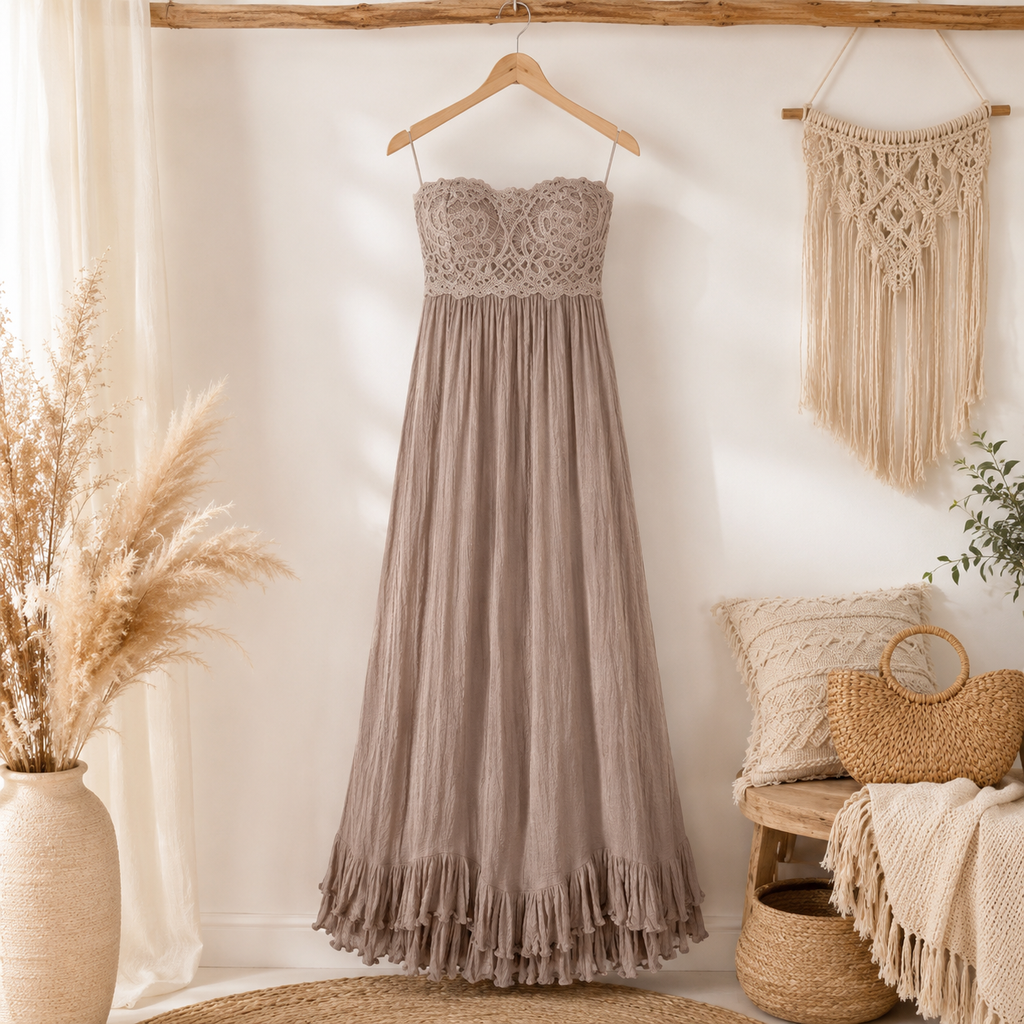 Free People Strapless Lace Bustier Maxi Dress with Ruffle Hem