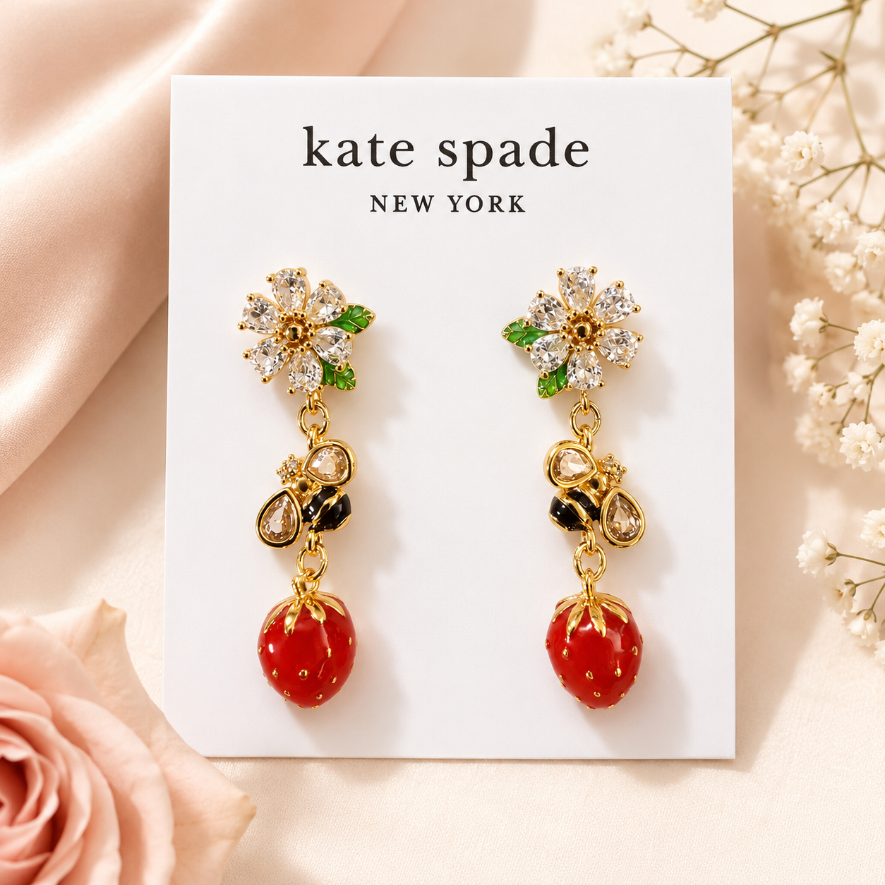 Kate Spade Strawberry Fields Statement Earrings New Ladybugs Honeybee Strawberry