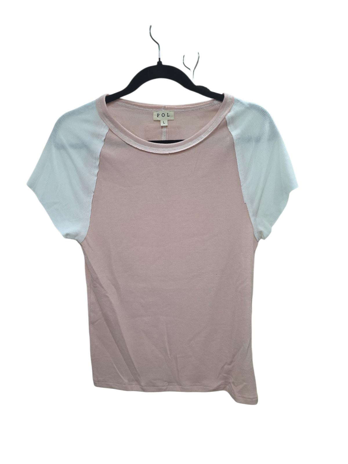 POL Round Neck Outseam Detail T-Shirt with Contrast Color Sleeves