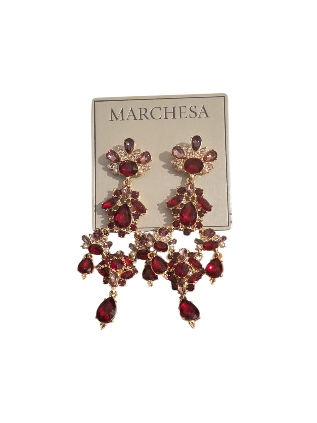Marchesa Imitation Pearl Multi Stone Gold-Tone Red Drama Chandelier Earrings
