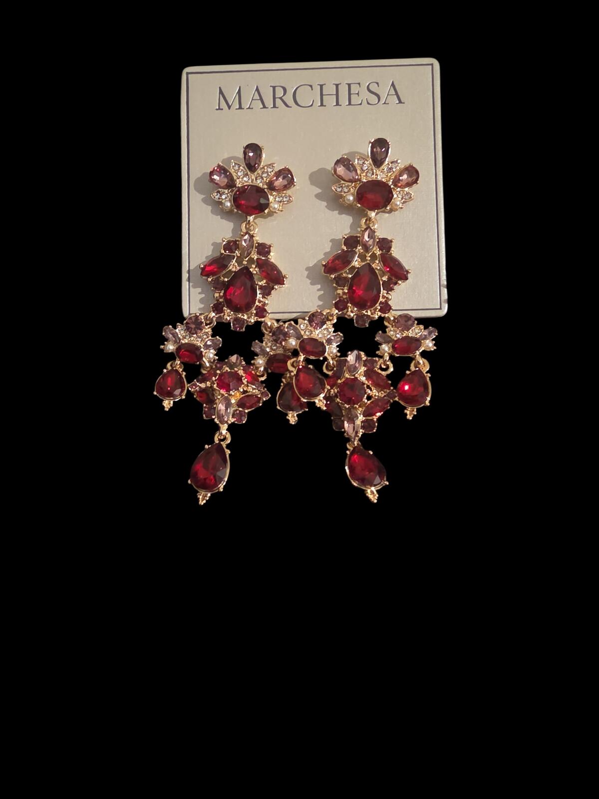 Marchesa Imitation Pearl Multi Stone Gold-Tone Red Drama Chandelier Earrings