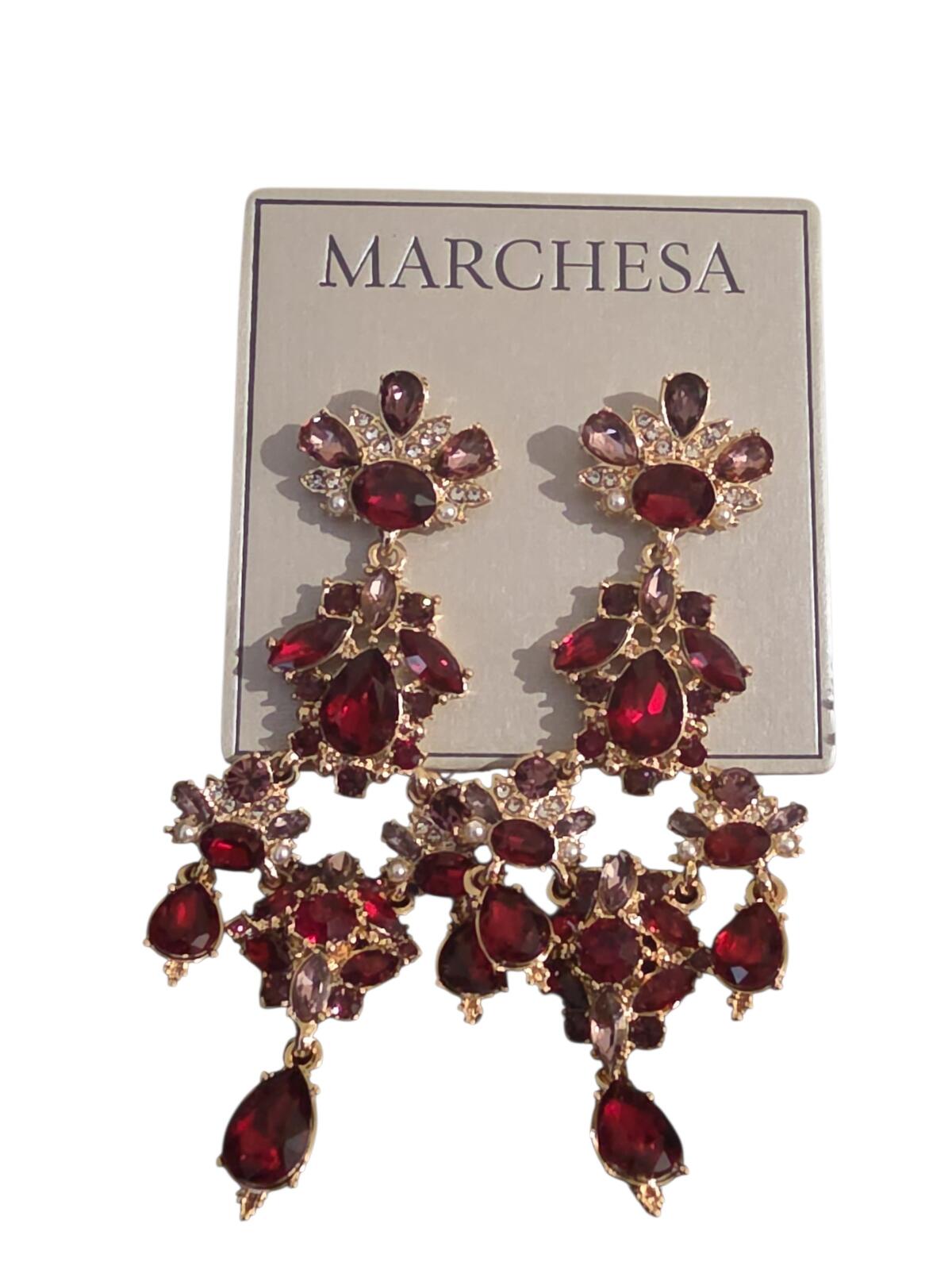 Marchesa Imitation Pearl Multi Stone Gold-Tone Red Drama Chandelier Earrings
