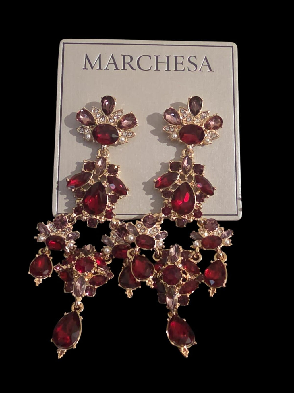Marchesa Imitation Pearl Multi Stone Gold-Tone Red Drama Chandelier Earrings
