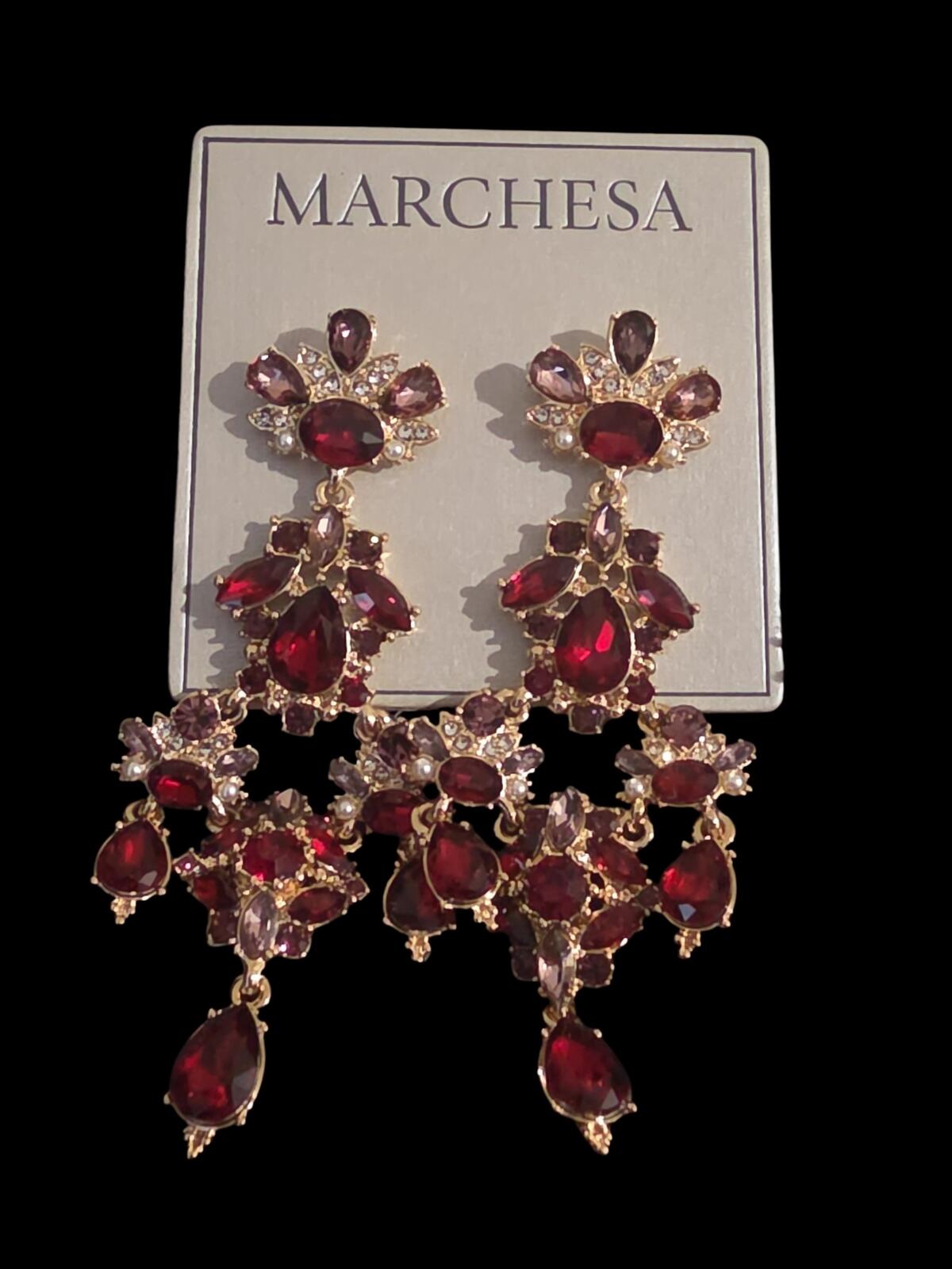 Marchesa Imitation Pearl Multi Stone Gold-Tone Red Drama Chandelier Earrings